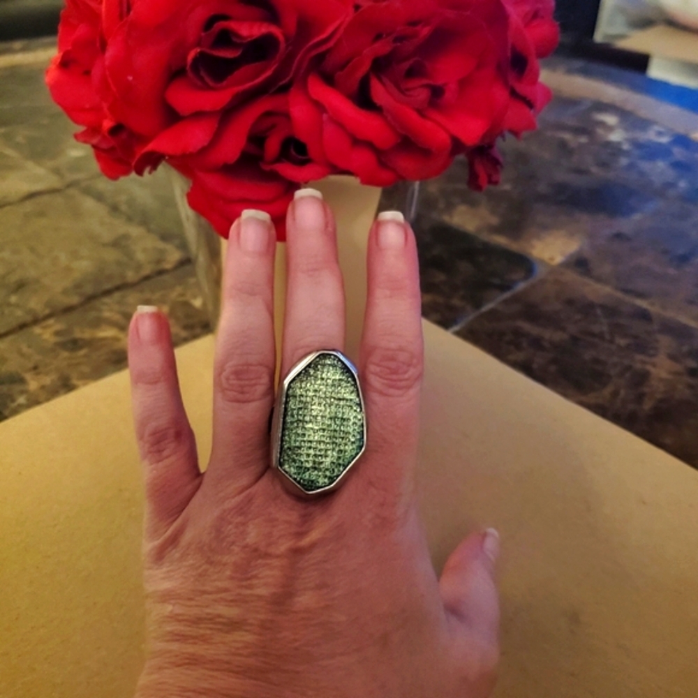 Silver Green Rhinestone Fashion Statement Stretch Ring